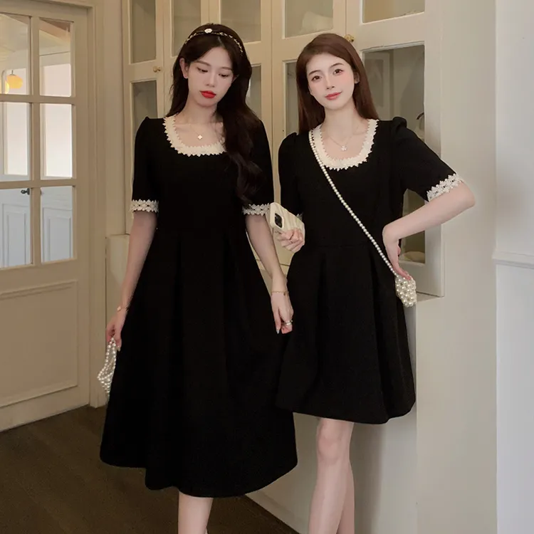 HH030大码夏季法式小黑裙微胖黑色收腰裙子气质显瘦赫本风连衣裙