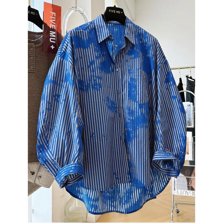 特大码300斤小众独特印染条纹慵懒风宽松休闲长袖衬衫男秋季上衣