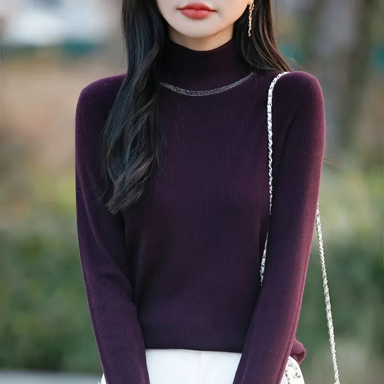 正品撤柜剪标羊毛衫新款气质半高领烫钻毛衣修身显瘦打底针织上衣