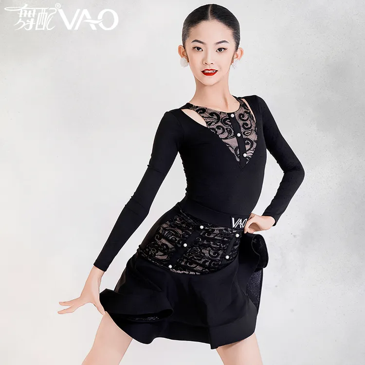 VL51396-2025新款拉丁舞服练功服女童VAO舞配舞服黑色拼蕾丝长袖