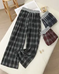 秋季新款撞色拼接格子抽绳松紧高腰显瘦宽松阔腿裤女裤百搭55825