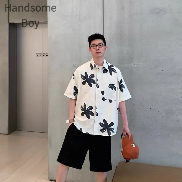 夏季男士时尚百搭潮流痞帅港风印花小众ins设计感套装上衣宽松型