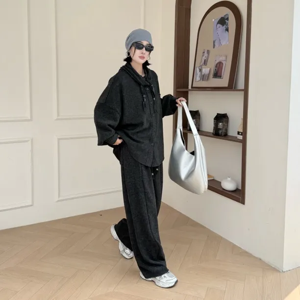 潮小妞秋冬新款胖MM慵懒风格加绒阔腿裤外套穿搭套装