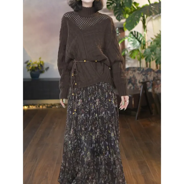 高档轻熟风显瘦气质套装2026春新通勤百搭镂空高领针织衫印花半裙