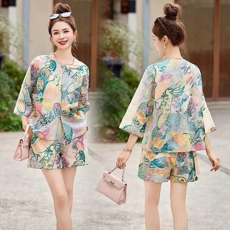 高级感新中式国风刺绣提花套装女2025夏季新款舒适上衣短裤两件套
