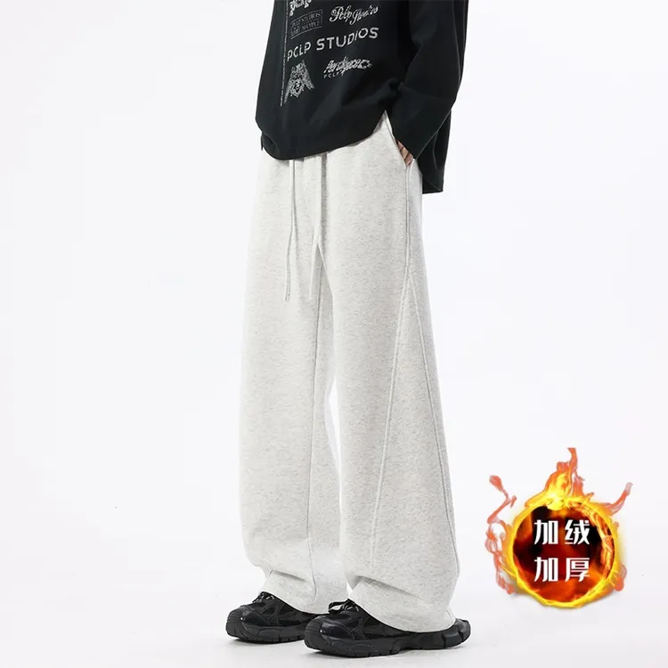 美式加绒高街弯刀裤男女潮牌秋冬加厚保暖直筒阔腿重磅休闲卫裤潮