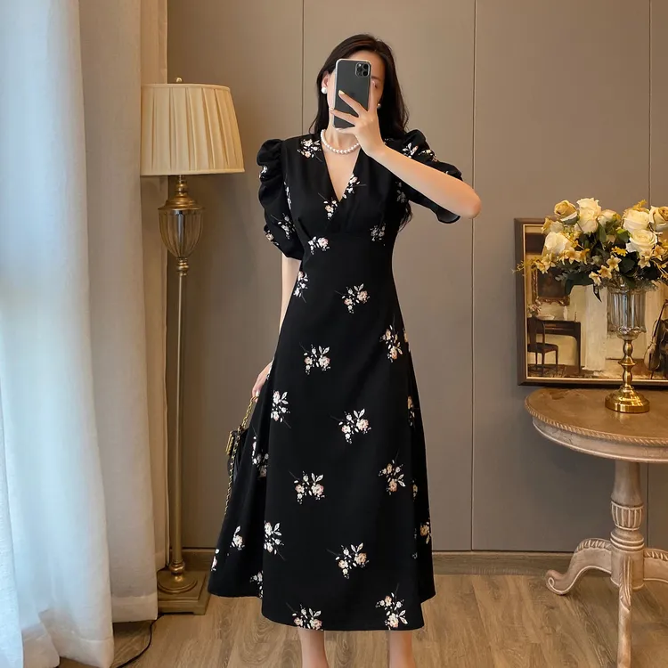 新款休闲新款旗袍***妇欧美旗袍中长泡泡修身V领短袖修身显瘦