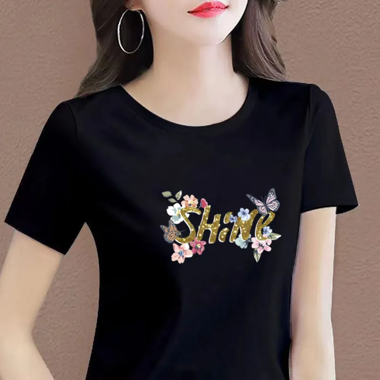 女士纯棉短袖t恤夏季圆领印花宽松半袖时尚休闲韩版黑色体恤上衣