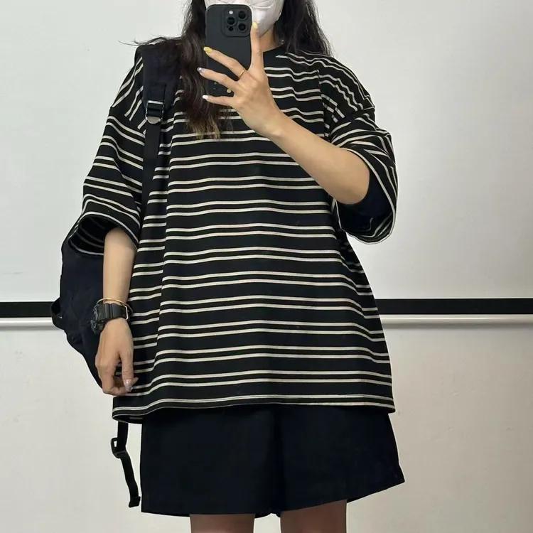 【小惜亦】大版宽松条纹T恤夏季圆领休闲纯棉半袖82201