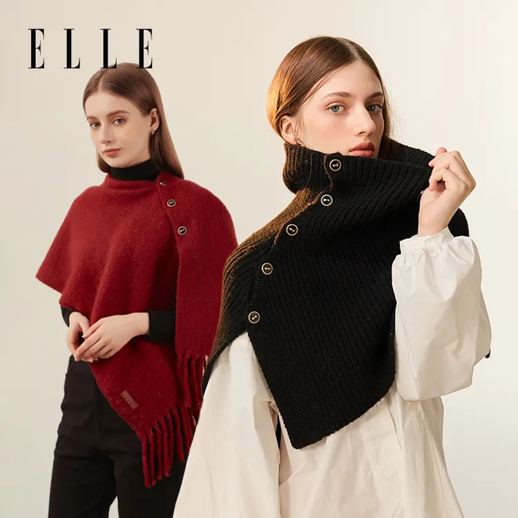 【专属】ELLE羊毛披肩秋冬季户外保暖时尚针织两用围巾35WE26012