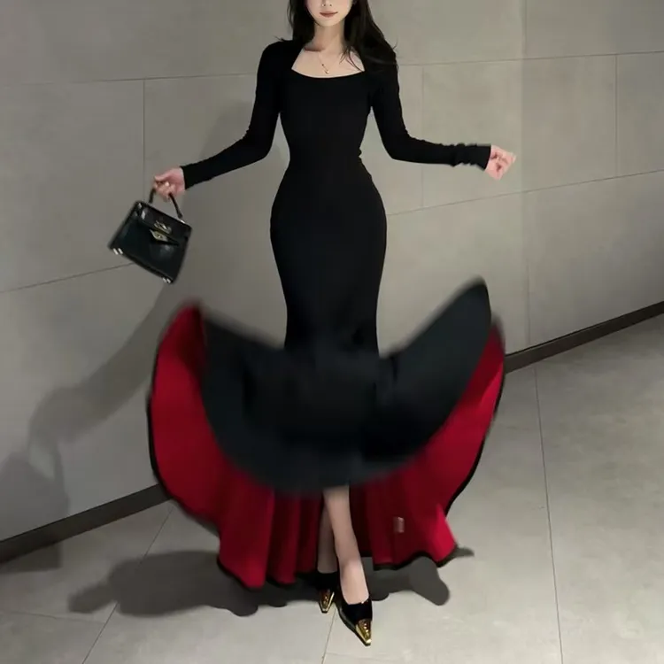 甜菜【红底步步生莲】大码秋冬方领步步生莲鱼尾新款气质性感长裙