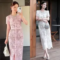 （珊珊家）原原单单新款粉红色甜美钻饰蝴蝶结蕾丝连衣裙
