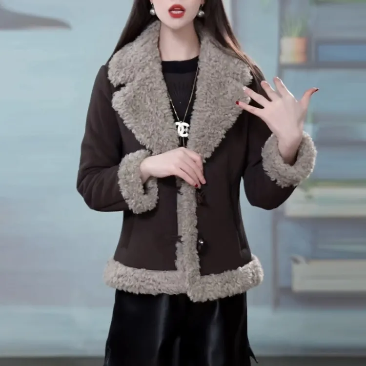反绒皮加绒加厚保暖短外套女2025冬季新款时尚气质轻奢显瘦上衣
