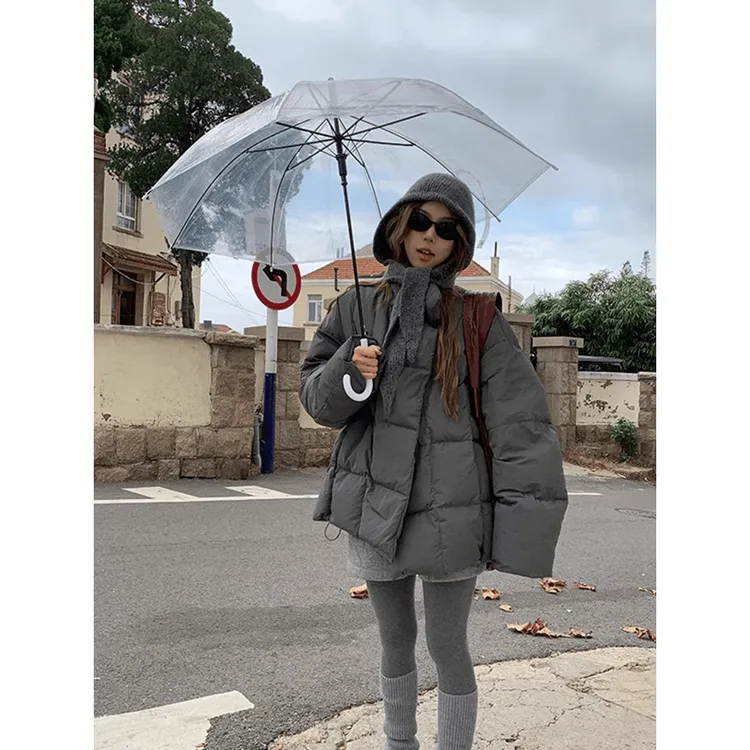 实价现货韩系灰色立领慵懒风加厚女秋冬小个子保暖棉衣棉服厚外套