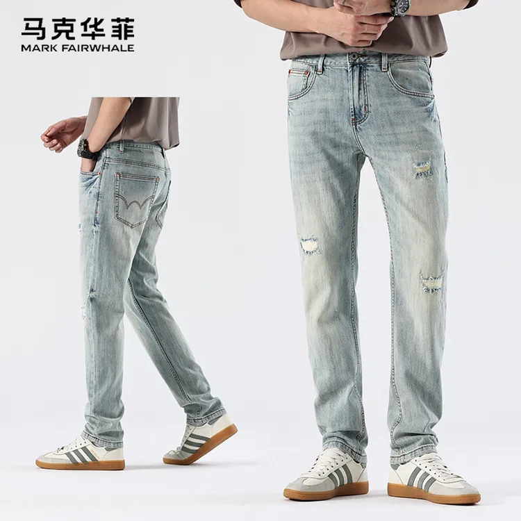 马克华菲破洞裤子男士修身小直筒轻奢牛仔裤夏季显瘦潮流休闲长裤