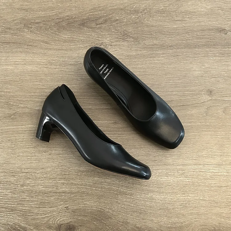 Dannyfrey5cm版本真皮方头复古粗跟单鞋春秋百搭通勤一脚蹬女鞋