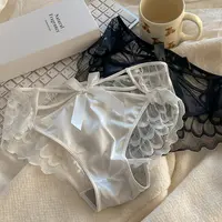 日系性感蕾丝内裤女纯欲绑带蝴蝶结交叉中腰透气网纱棉裆三角裤