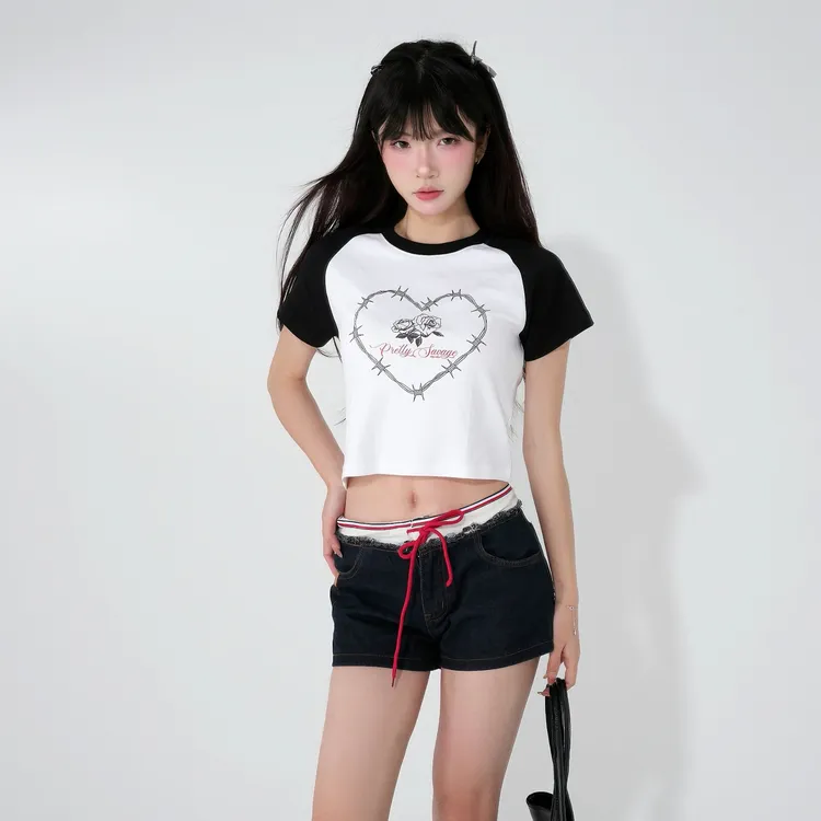 「鞠婧祎同款」 辣妹荆棘玫瑰短袖t恤女2024夏季新款紧身上衣圆领