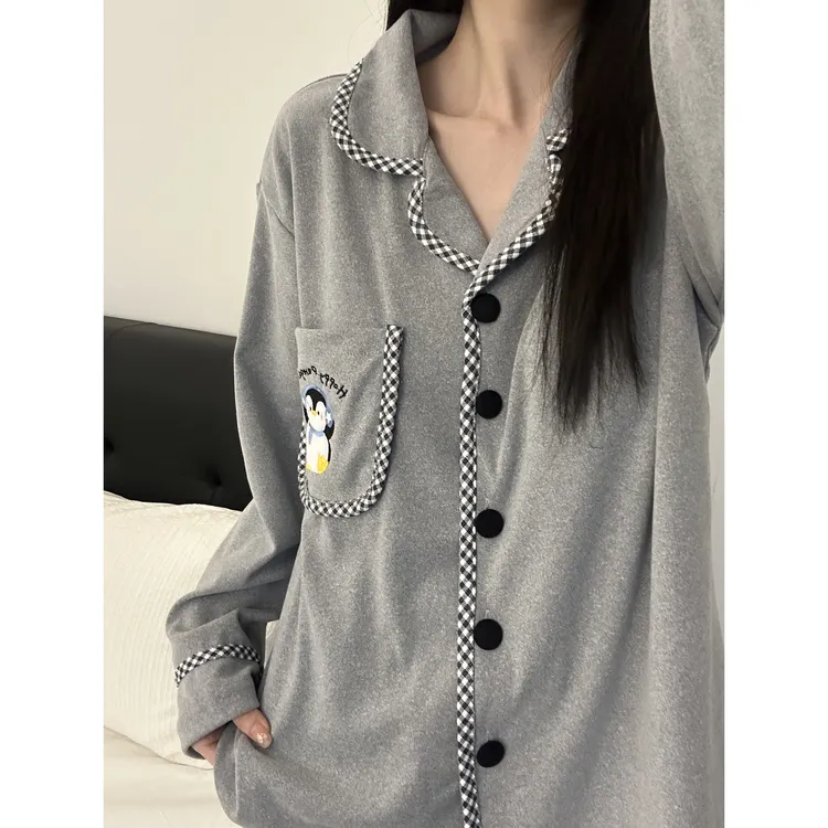 韩系慵懒卡通企鹅拼接德绒睡衣女秋冬季新款保暖家居服套装可外穿