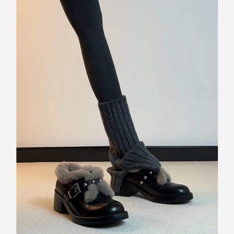 羊皮版~英伦风毛毛加绒乐福鞋女皮带扣新款百搭粗跟小皮鞋雪地靴