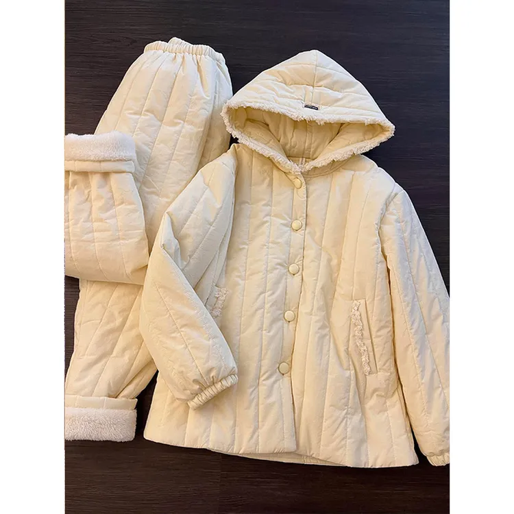 高级感加厚三层夹棉睡衣女冬季连帽棉服外套保暖家居服套装可外穿