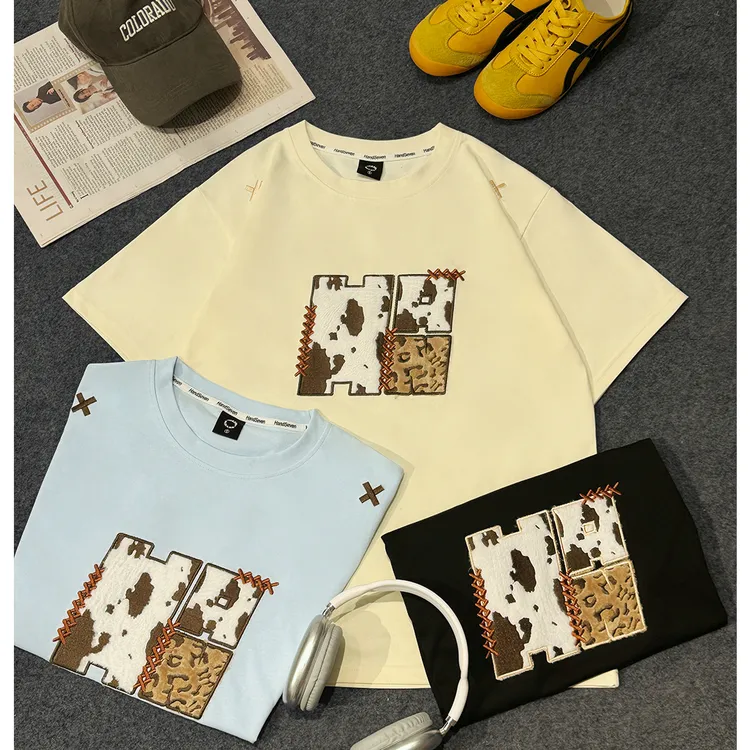 HandSeven重磅复古潮牌毛绒奶牛纹刺绣夏季凉感宽松圆领百搭T恤
