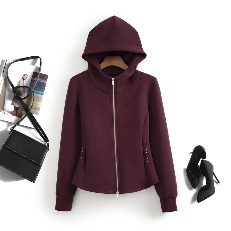 安可拉红空气层连帽外套女2025年秋新款运动休闲收腰显瘦拉链卫衣