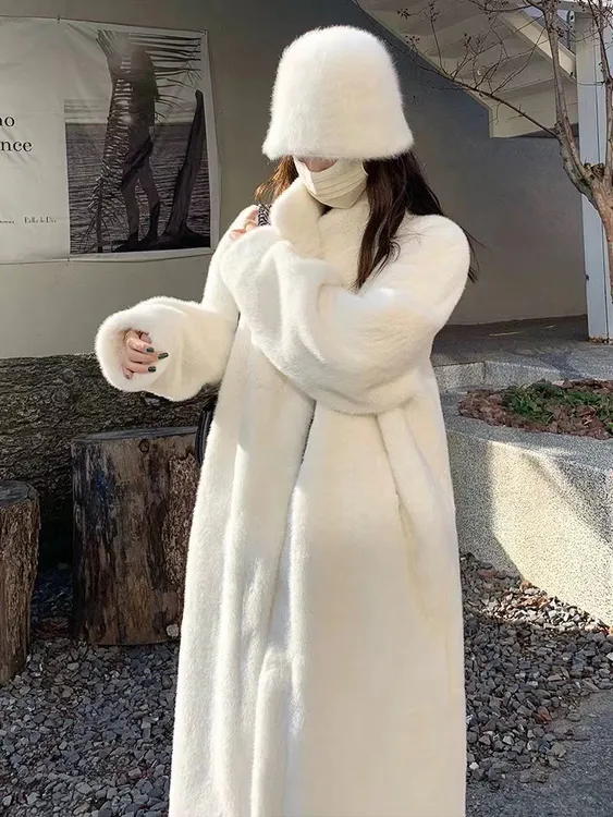 0海宁冬新款仿貂绒加厚外套过膝韩版立领女时尚百搭韩版毛毛大衣