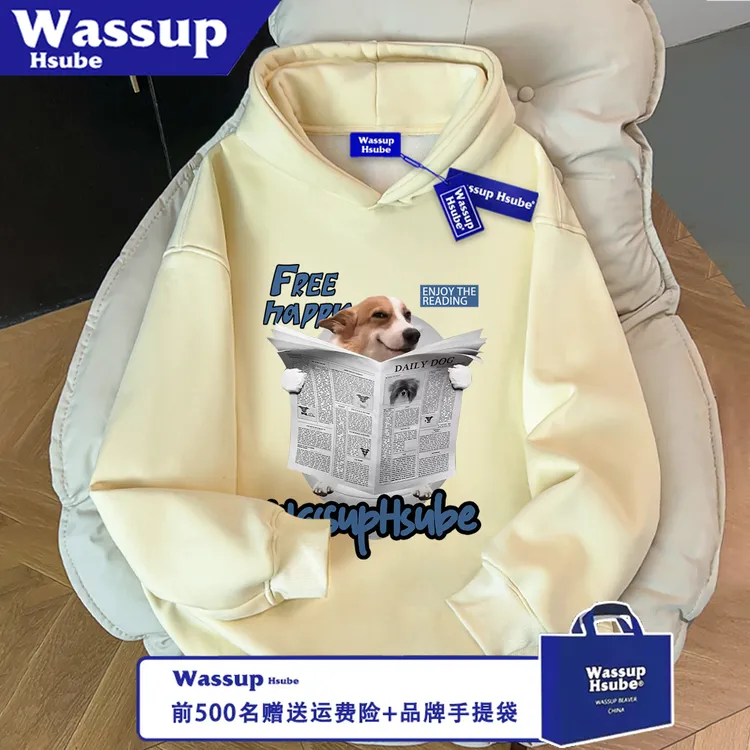 WASSUP HSUBE宽松秋冬季卫衣无口袋男女卡通贴纸情侣连帽休闲上衣