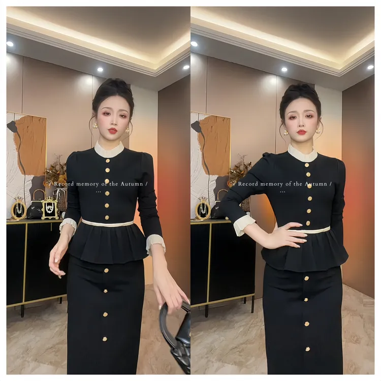 秋冬显瘦款小香风时尚套装收腰长裙拼接黑色两件套