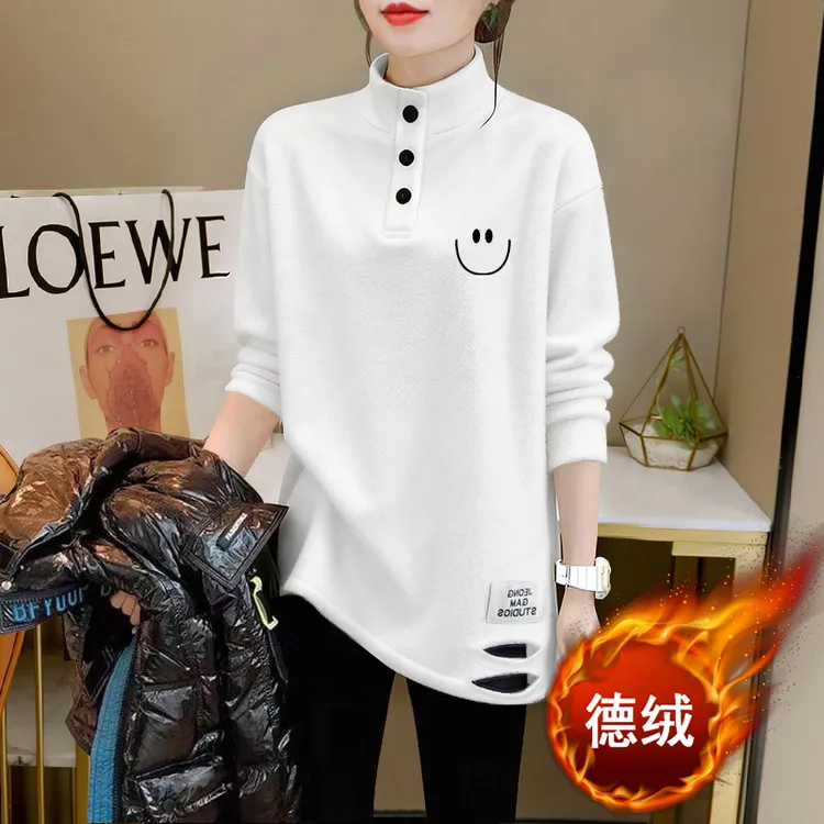 白色中长款半高领上衣秋冬款加绒内搭打底衫简约时尚印花设计T恤