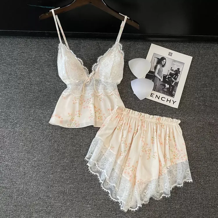 冰丝睡衣女夏季少女纯欲吊带短裤家居服套装睡衣女粉嫩性感家居服