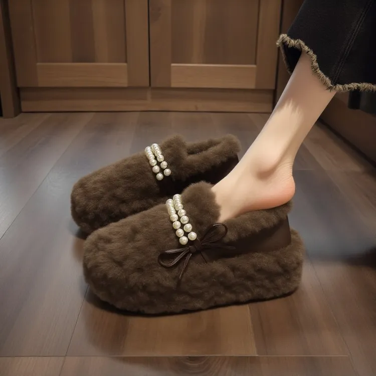 羊羔绒毛毛鞋女2025新款冬季小香风珍珠厚底加绒保暖软底孕妇棉鞋