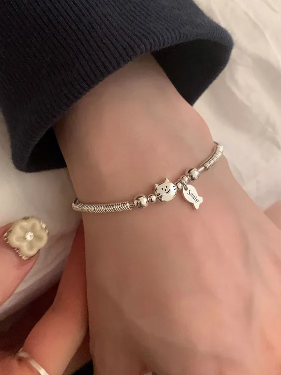简约串珠小盘缠小猫吃鱼手链轻奢小众百搭精致手饰ins