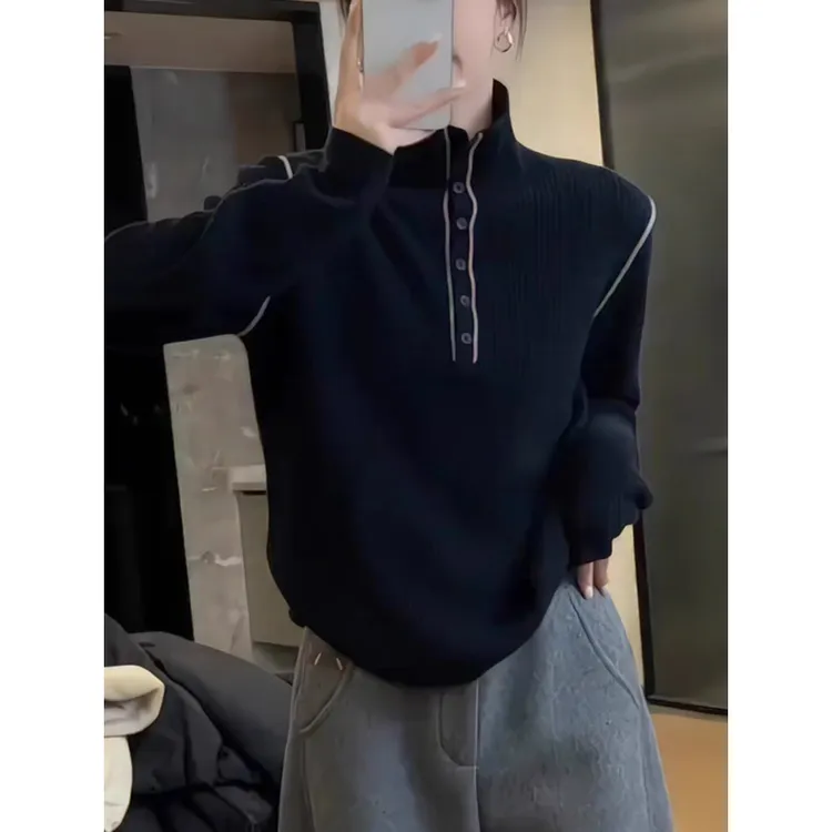 简约风时尚长袖针织衫女春秋冬百搭宽松遮肉减龄高领内搭毛衣上衣