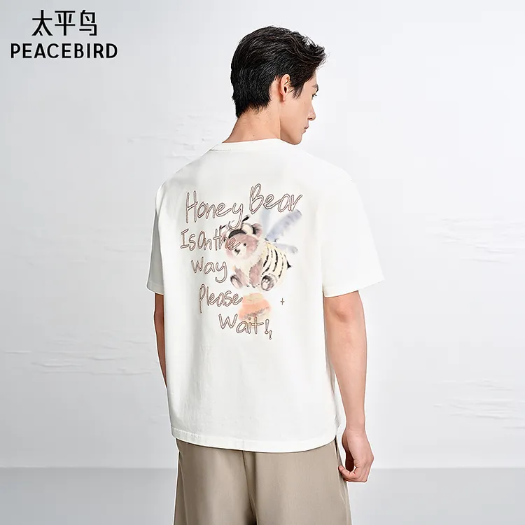 太平鸟男装后背蜜蜂熊印花T恤夏季休闲情侣衫重磅潮流BACNG2294