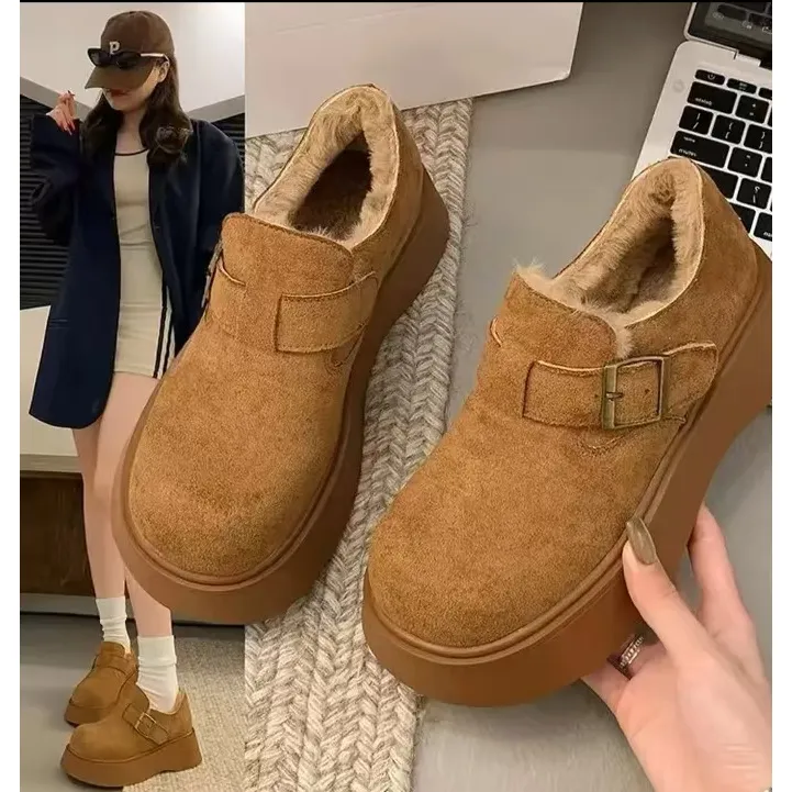 松糕厚底勃肯女鞋加绒加厚雪地靴2024新款冬季低帮乐福鞋雪地棉鞋