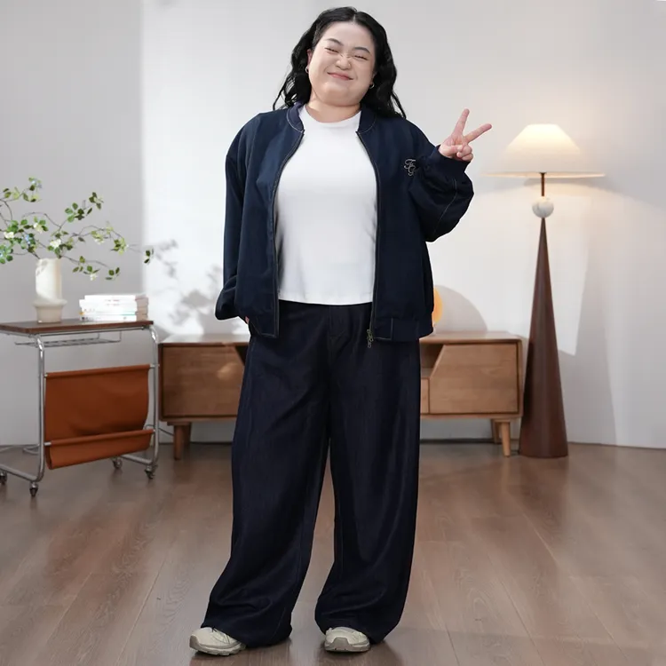福饮沸别【隐贵蓝调】大码胖mm秋季新款牛仔老钱风套装-2511/2512