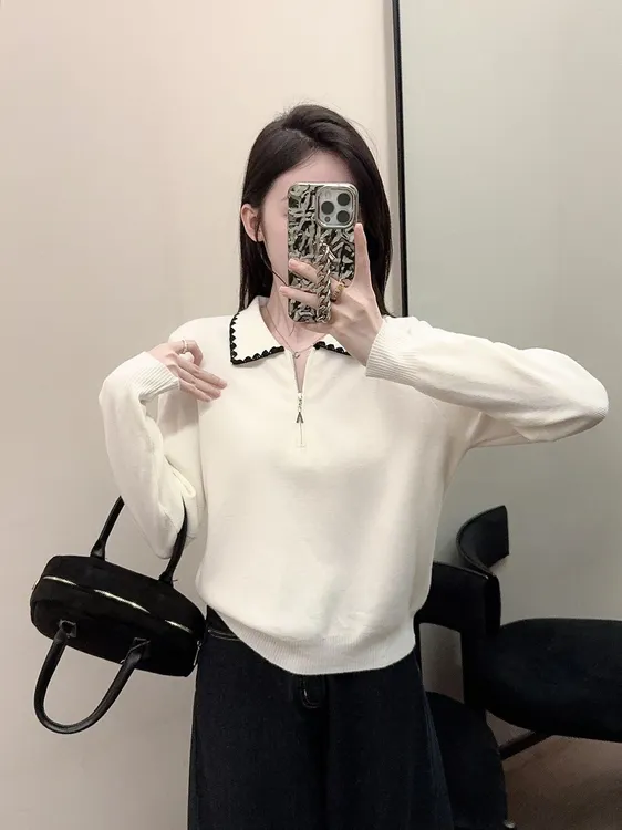 POLO领撞色针织衫时尚女韩系宽松休闲百搭秋冬显瘦长袖上衣G98