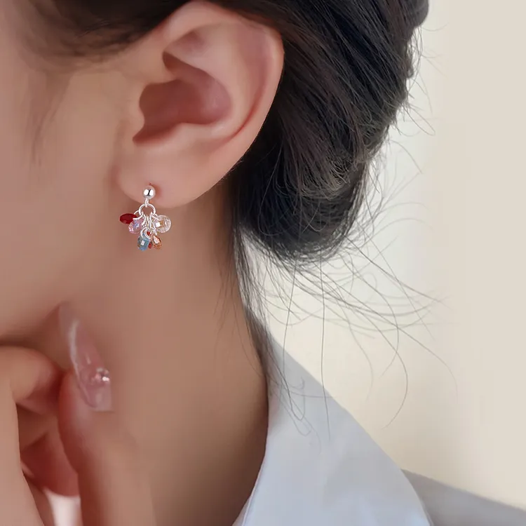 925银合成锆石耳饰 纯银彩色串珠耳钉女2025流苏耳饰养耳洞不用摘