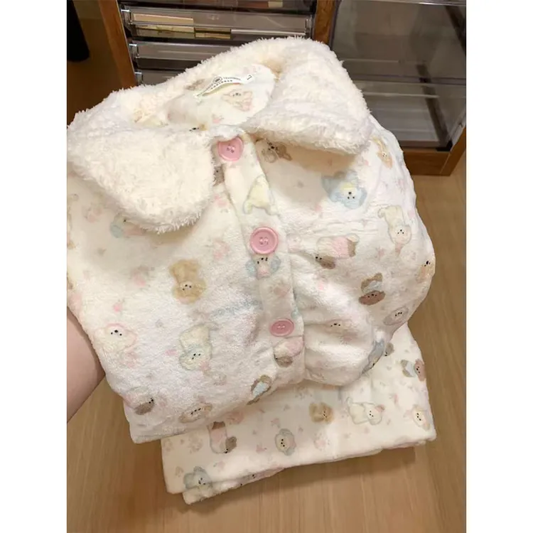 泡芙小狗毛绒绒睡衣少女款秋冬季法兰绒娃娃领可爱保暖家居服套装