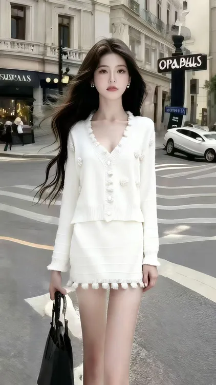 秋季新款时尚ins风白色V领长袖碎花针织上衣+白色包臀半身裙套装