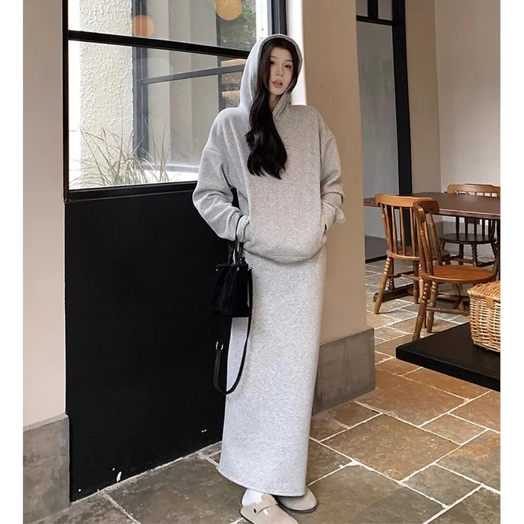 休闲卫衣套装女春冬韩系简约加绒加厚运动风连帽上衣半身裙两件套