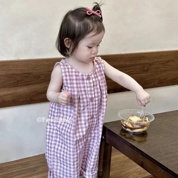 女童夏装韩版格子无袖兔耳朵背带裤女宝宝洋气休闲超萌连体衣夏季