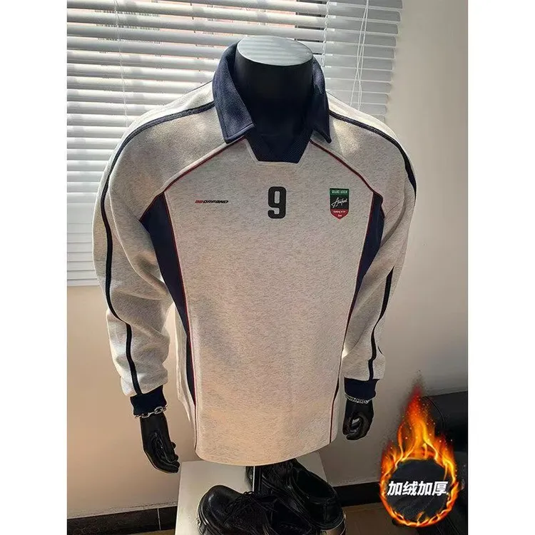 男士加绒卫衣运动风数字拼接polo领设计感球衣打底机车服长袖上衣