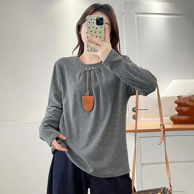 大码女装秋冬季抓绒圆领长袖T恤女宽松显瘦胖mm百搭打底衫上衣服