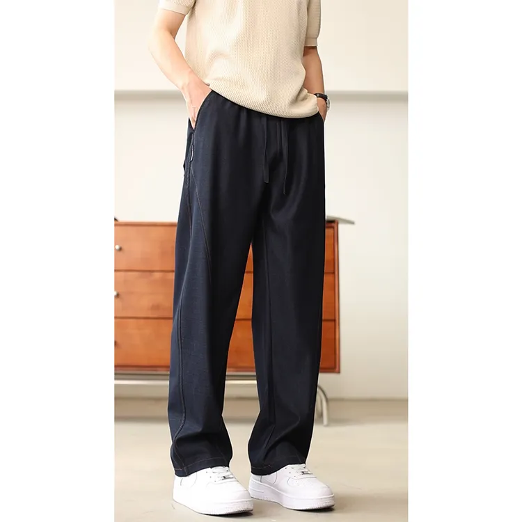 丹宁色垂坠感冰丝牛仔裤男夏季薄款拖地弯刀裤宽松直筒男士休闲裤