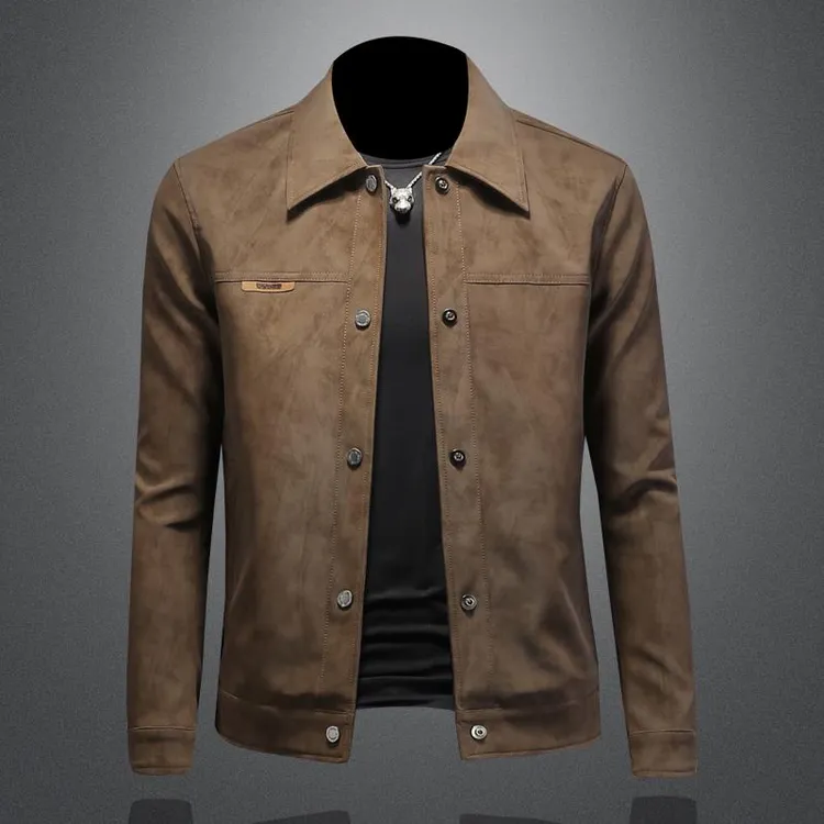 灏吉弧皮衣外套男装春秋季麂皮绒新款休闲百搭翻领夹克修身上衣潮