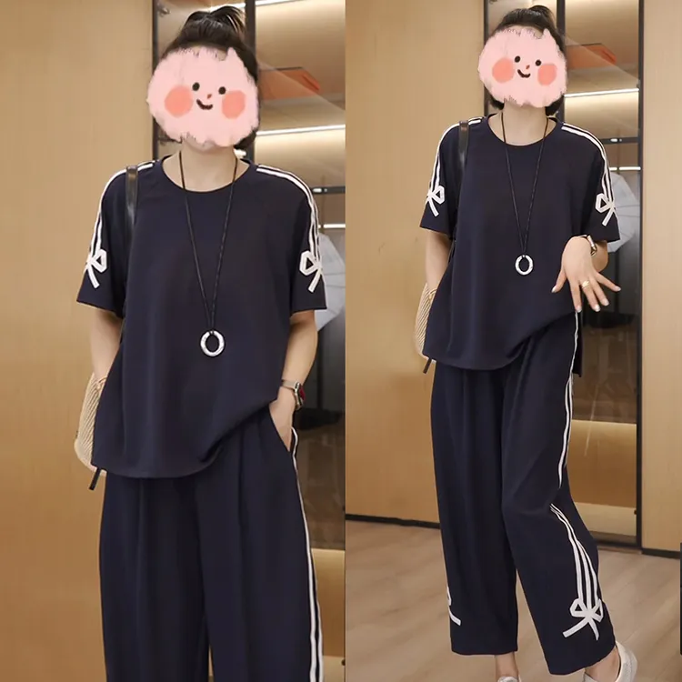 韩系设计感小众侧边蝴蝶套装夏季新款大码休闲宽松显瘦条纹两件套