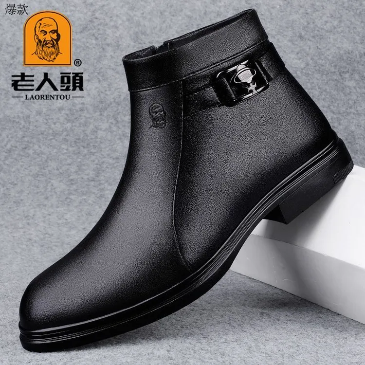 老人头新款真皮马丁靴男休闲高帮皮鞋冬季加绒保暖男士高档棉皮鞋